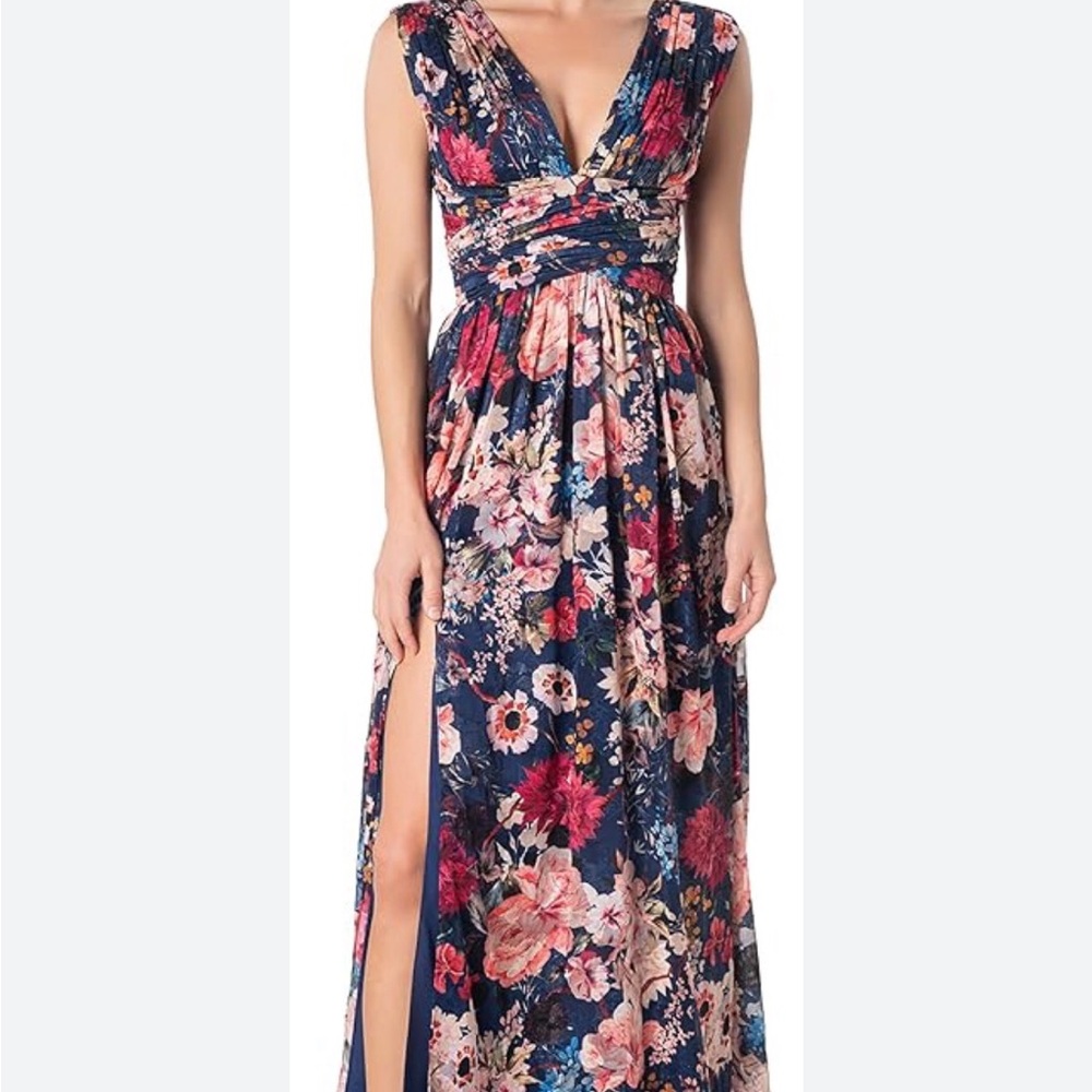 Dress the Population Blue and Pink Maxi Dress with Plunge Neckline and Slit